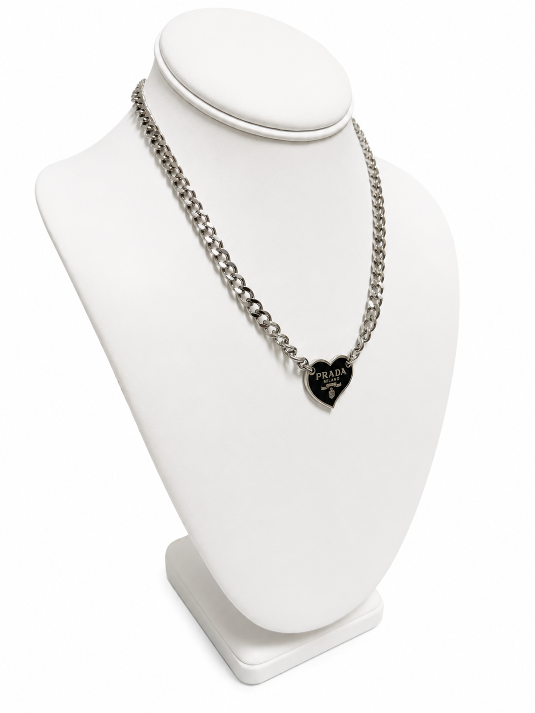 Link Necklace with Prada Logo Heart Charm in Black/Silver