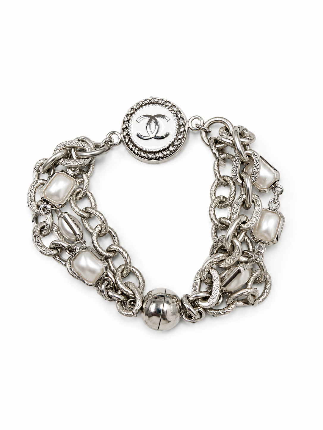 Multi-Chain/ Pearl Bracelet with Chanel Logo Button in White/Silver