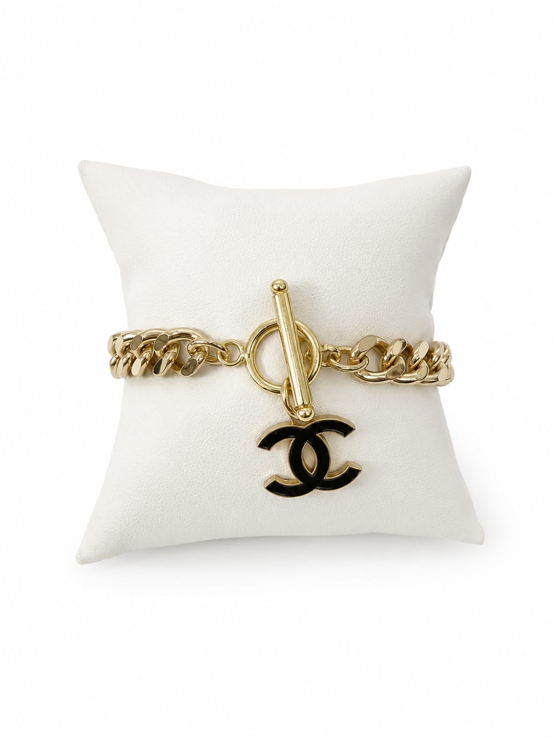 Curb Chain Bracelet with Chanel Logo Button in Black & Gold