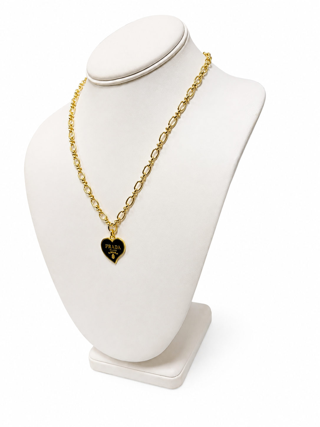 Link Necklace with Prada Logo Heart Charm in Black/Gold