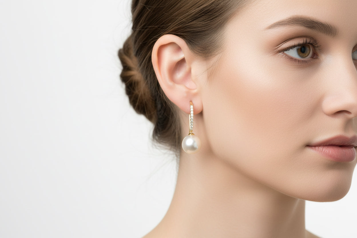 White Pearl Drop Earrings w/ Diamond Stems in 14KY