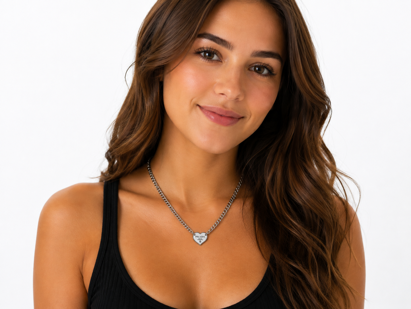 Link Necklace with Prada Logo Heart Charm in White/Silver
