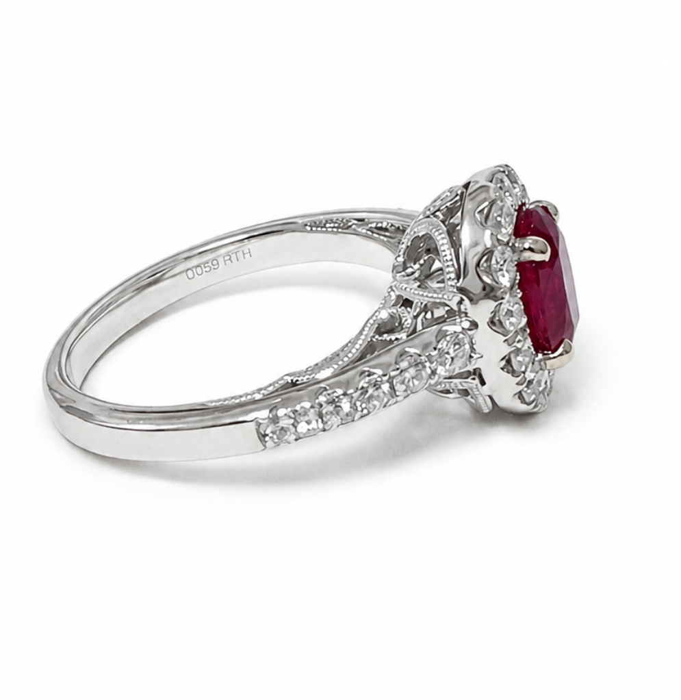 18K Oval Ruby and Diamond Ring with Halo