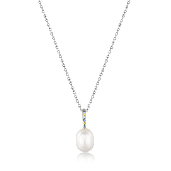 Silver Gem Pearl Drop Pendant Necklace