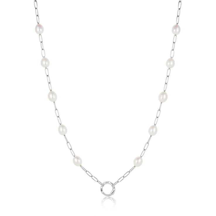 Silver Pearl Chain Charm Connector Necklace