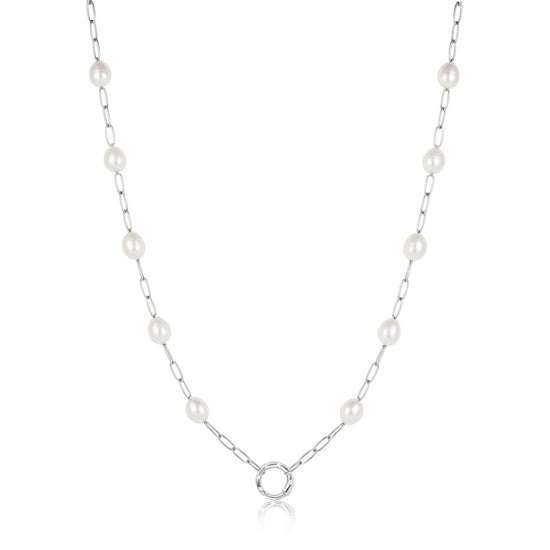 Silver Pearl Chain Charm Connector Necklace