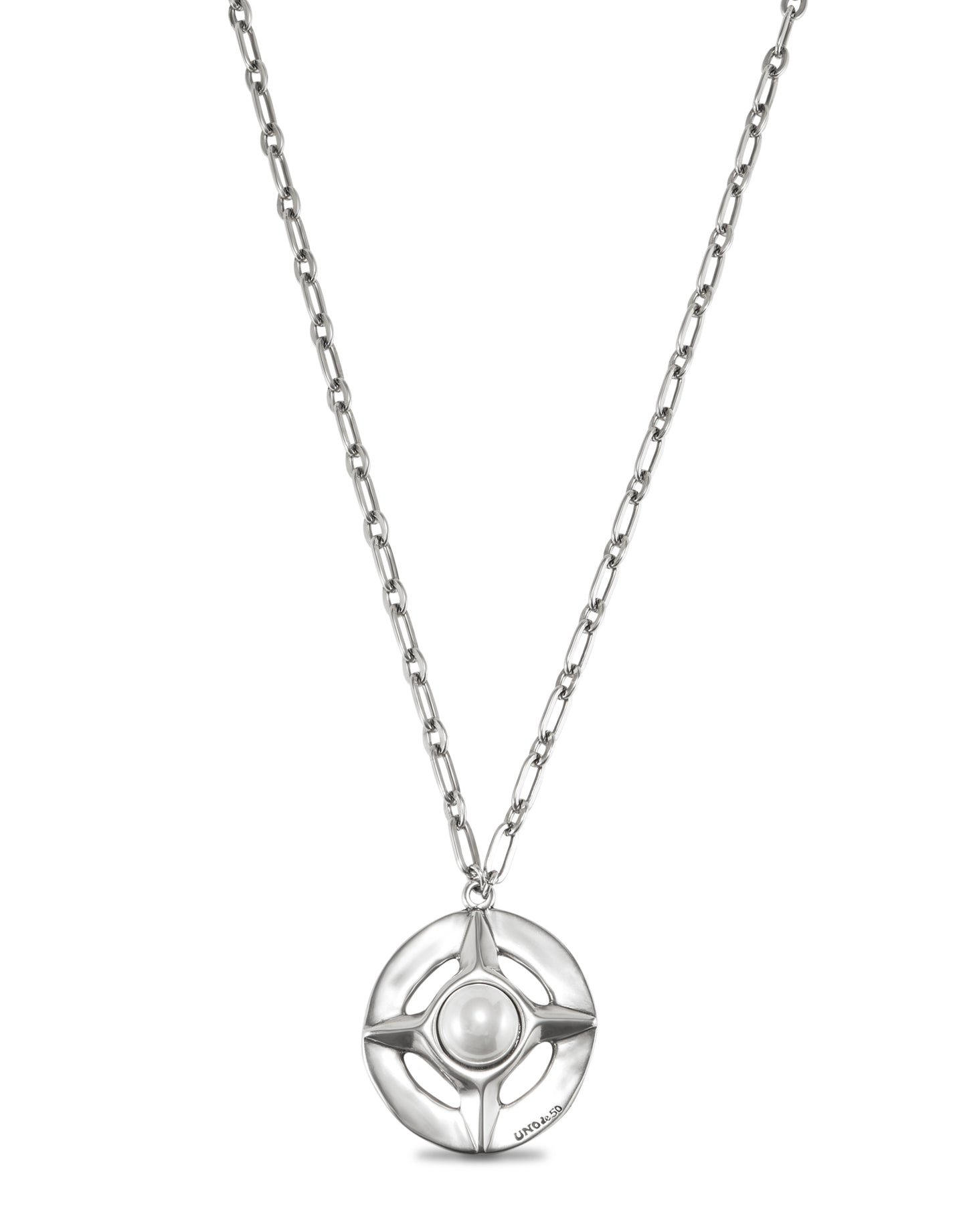Long Compass Style Necklace in Silver/Pearl