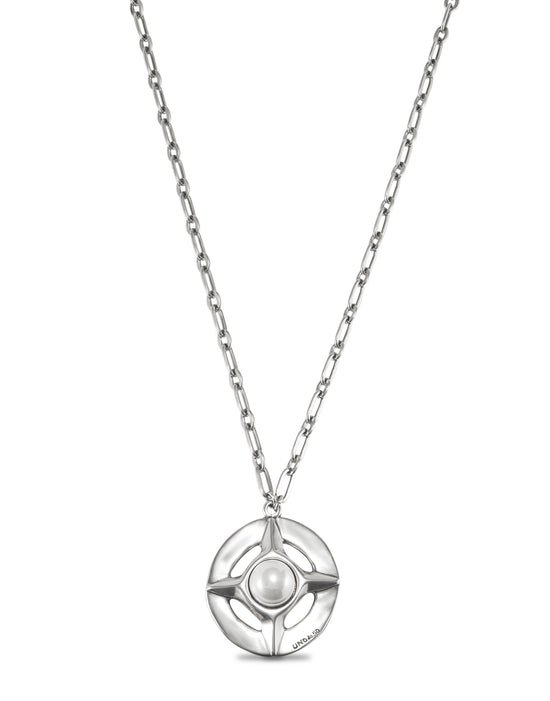 Long Compass Style Necklace in Silver/Pearl