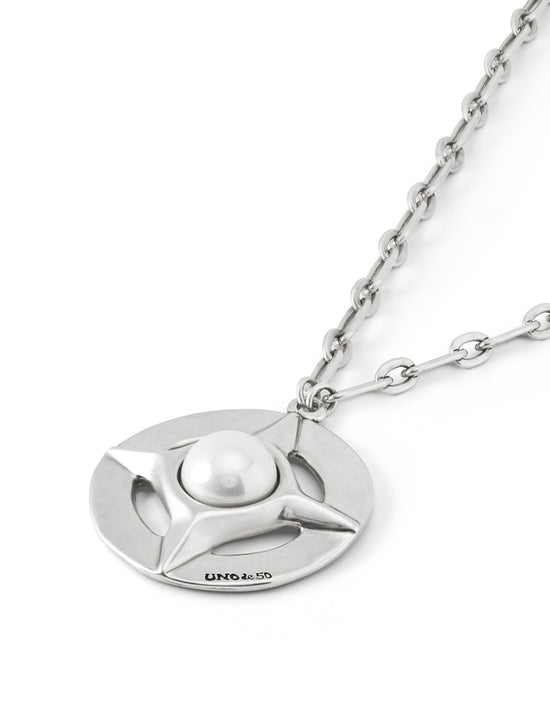 Long Compass Style Necklace in Silver/Pearl