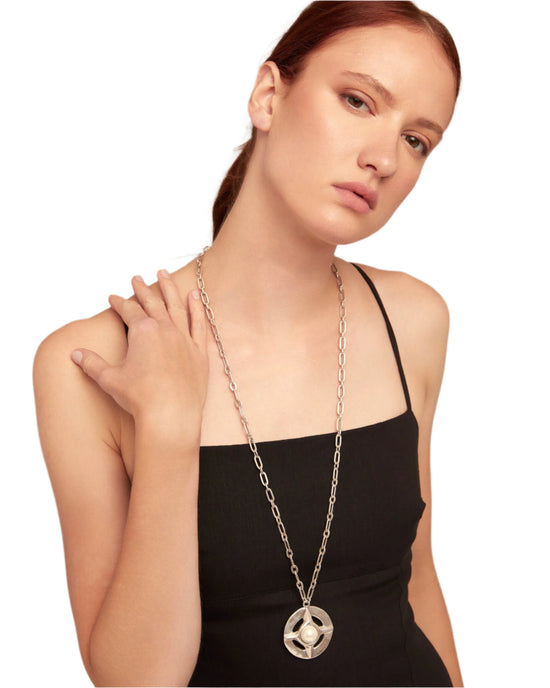Long Compass Style Necklace in Silver/Pearl