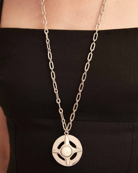 Long Compass Style Necklace in Silver/Pearl