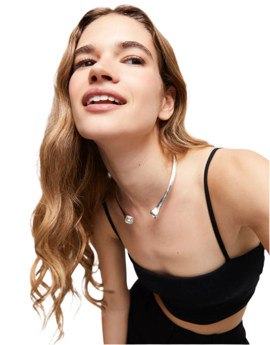 Hinged Cuff Necklace w/ White Crystals in Silver or Gold