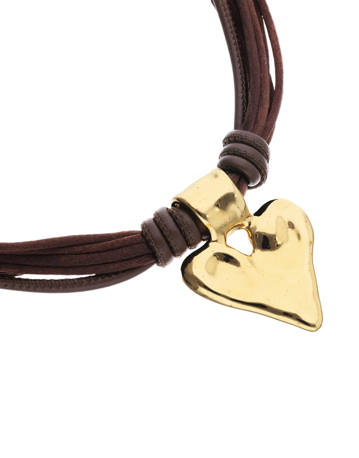 Beat Gold Heart with Brown Leather Strands Necklace