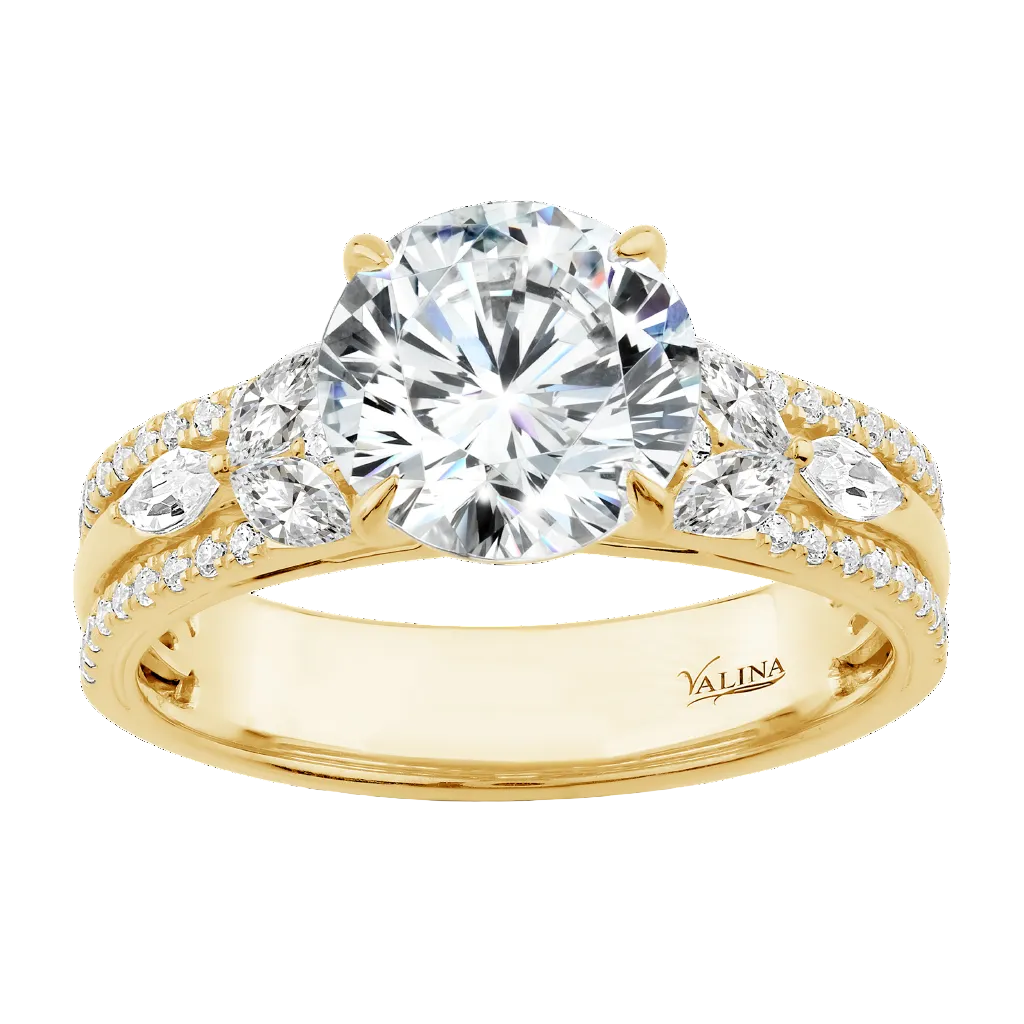 Gold ring with a large diamond and smaller diamonds on the band against a white background