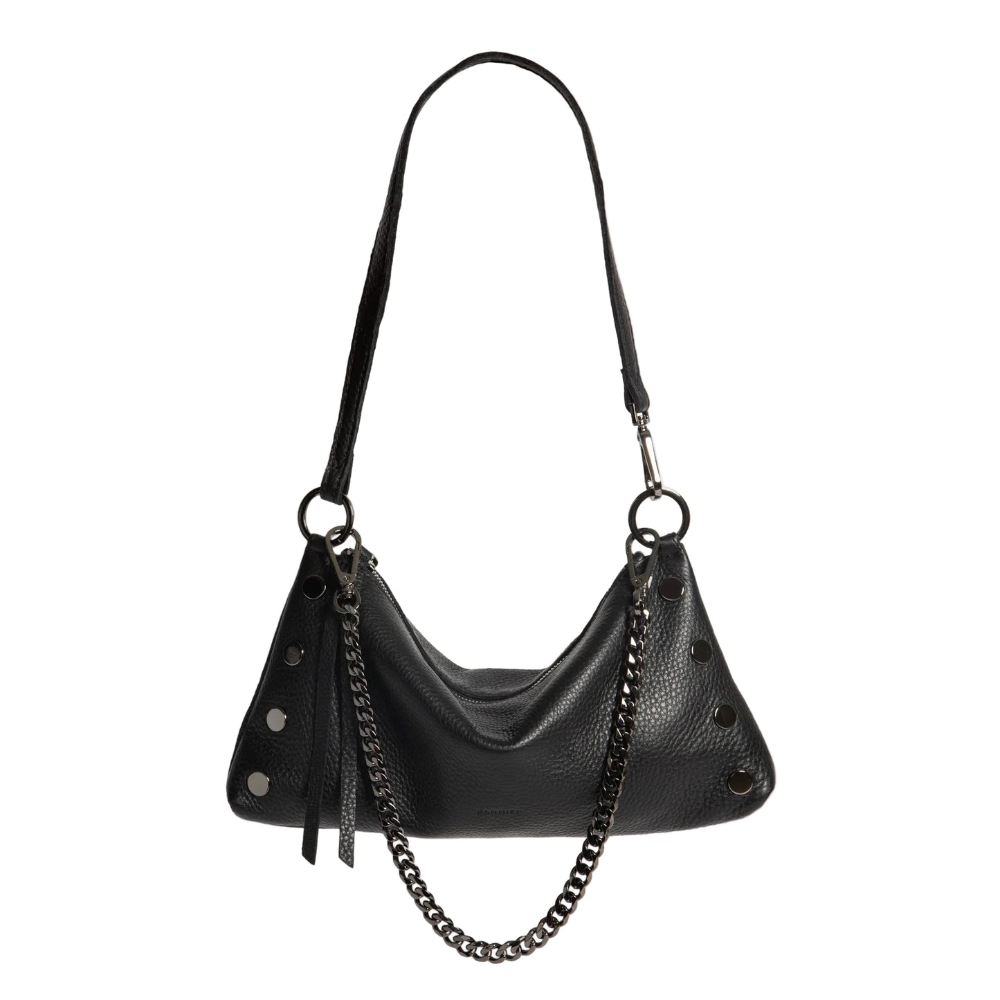 Black handbag with chain detail on a white background