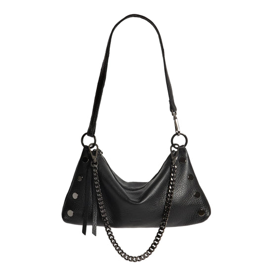Black handbag with chain detail on a white background