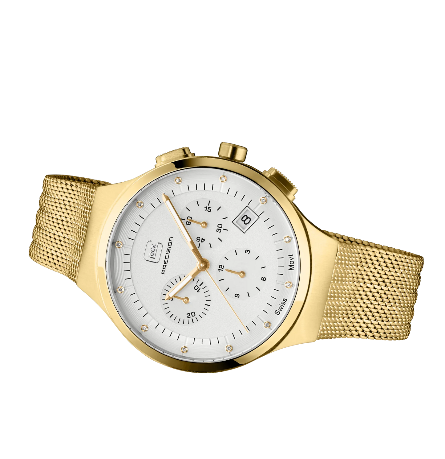 Ladies Glock Watch in Gold with White Dial & Mesh Band