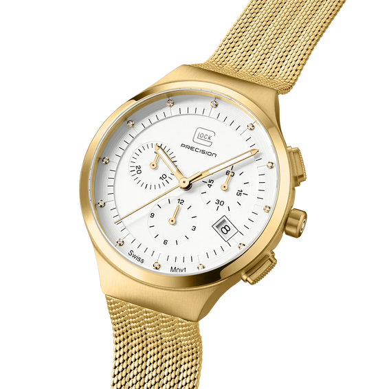 Ladies Glock Watch in Gold with White Dial & Mesh Band