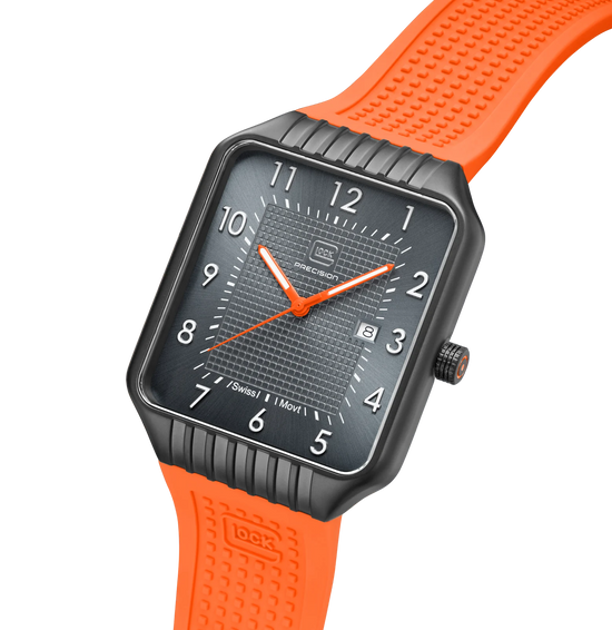 Men's Glock Watch with Black Rectangular Face & Orange Silicone Band