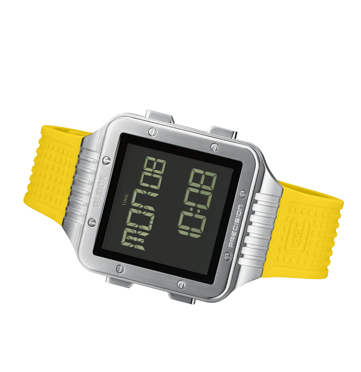 Men's Glock Digital Watch with Silver Rectangle Face & Yellow Silicone Band