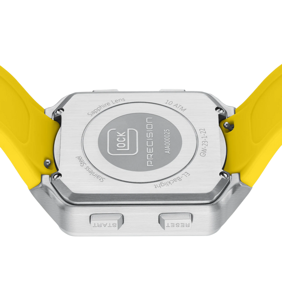 Men's Glock Digital Watch with Silver Rectangle Face & Yellow Silicone Band
