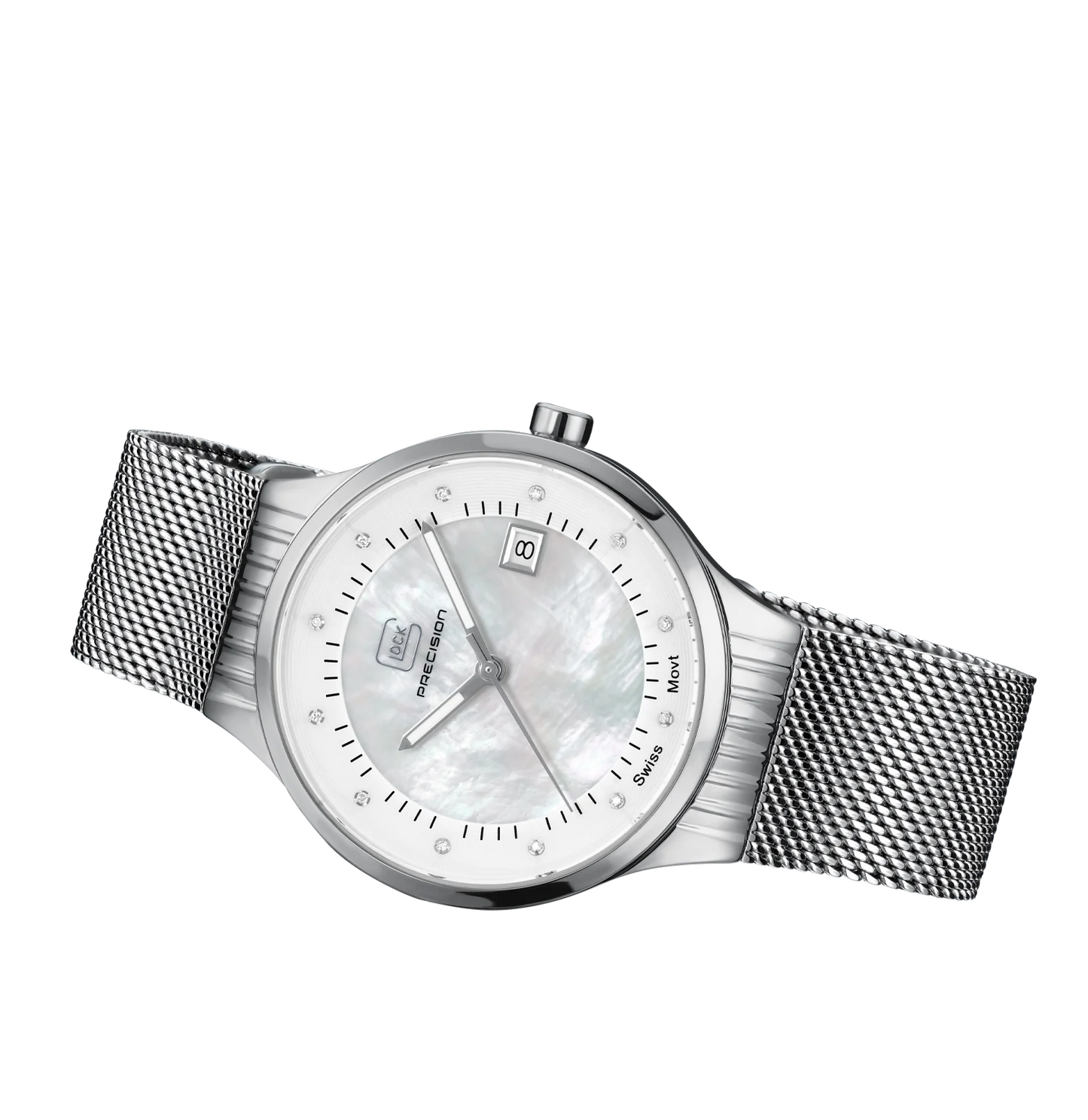 Ladies Glock Watch in Silver-Tone with White MOP Dial & Mesh Band