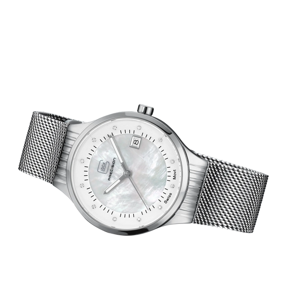 Ladies Glock Watch in Silver-Tone with White MOP Dial & Mesh Band