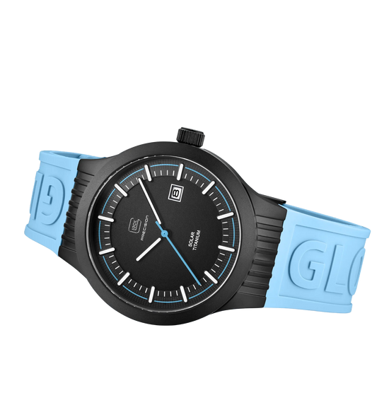 Men's Glock Solar Watch in Black/ Light Blue with Silicone Band