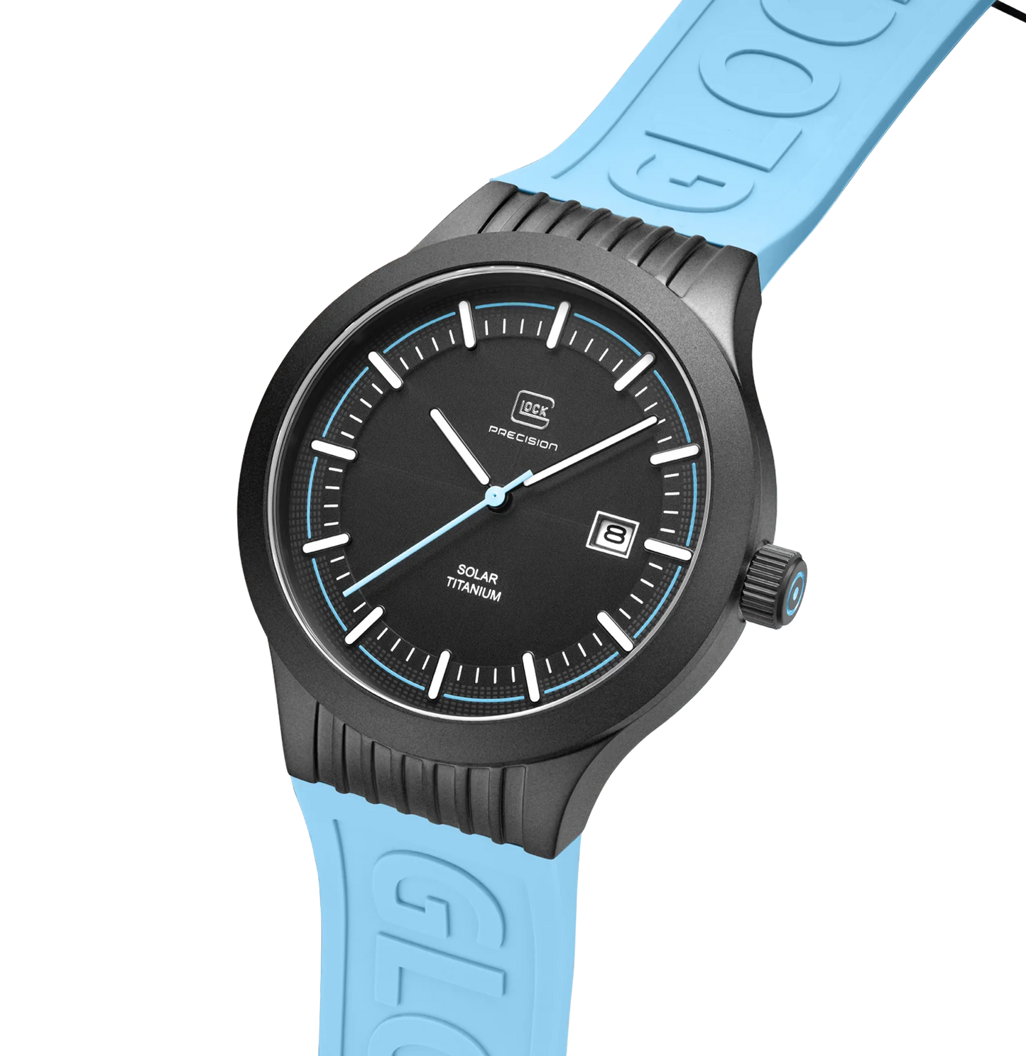 Men's Glock Solar Watch in Black/ Light Blue with Silicone Band