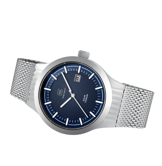 Men's Glock Solar Watch in Silver-Tone with Blue Dial & Mesh Band