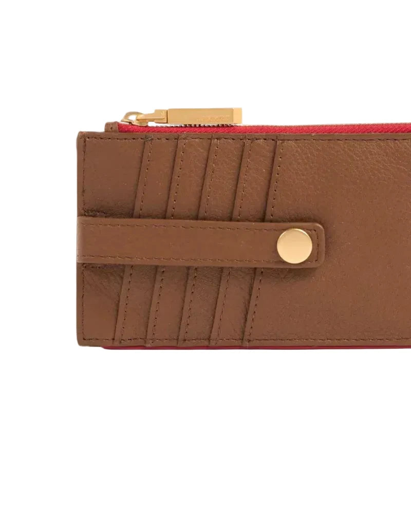Brown leather wallet with gold zipper pull on a white background