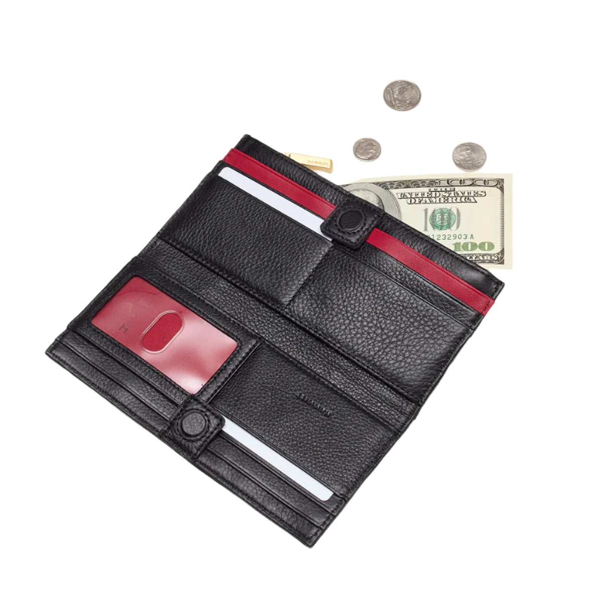 110 NORTH Bifold Wallet in Black/ Gold with Red Zipper