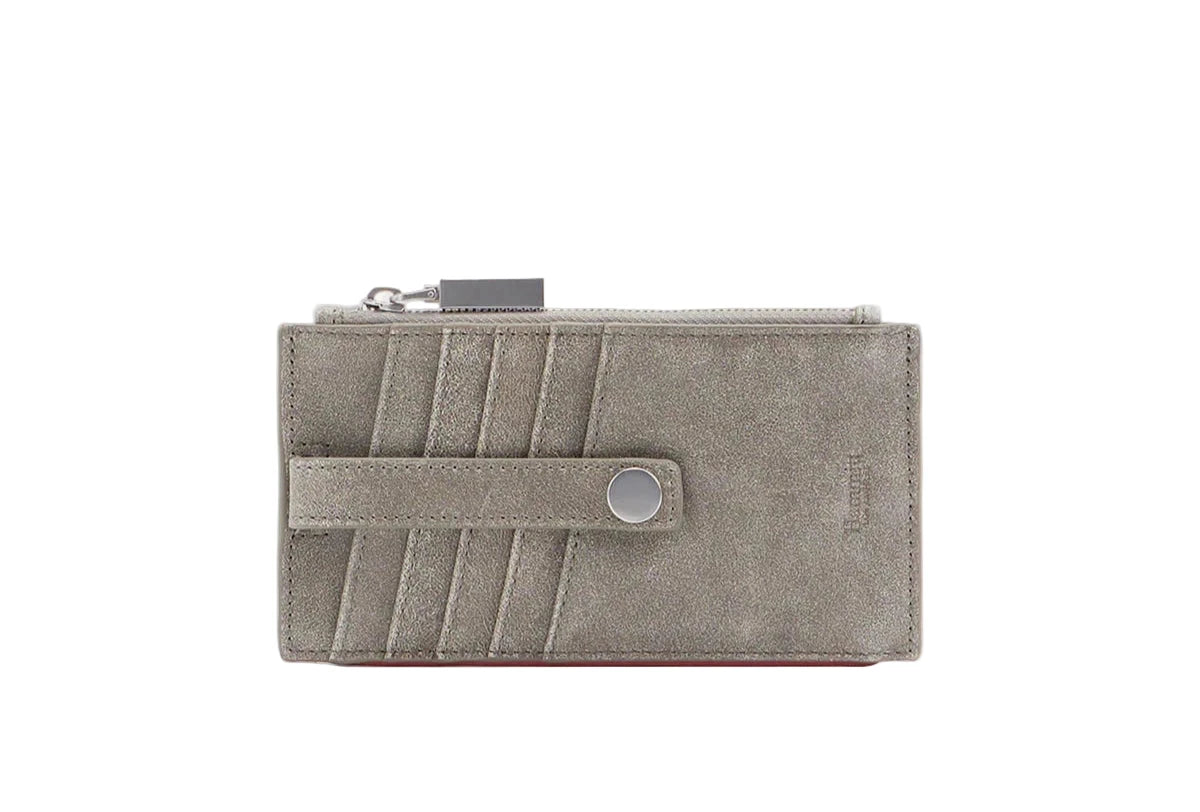 Gray wallet with a strap on a white background