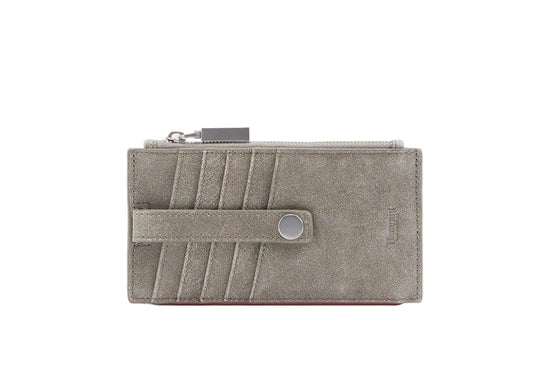 Gray wallet with a strap on a white background