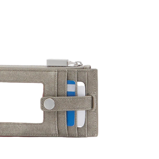 Close-up of a beige wallet with card slots and a zipper on a white background