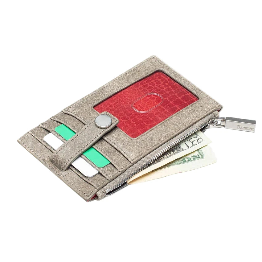 Beige wallet with card slots and money pouch on a white background