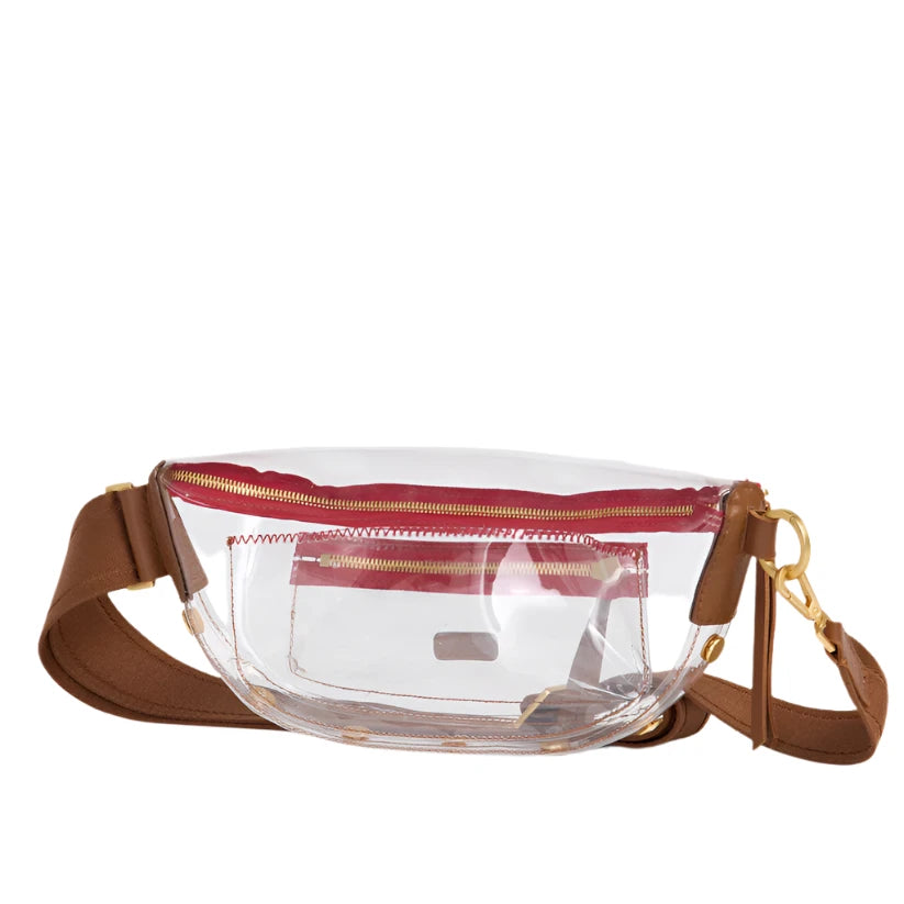 CHARLES CROSSBODY MED CLEAR in Mahogany/Gold with Red Zip