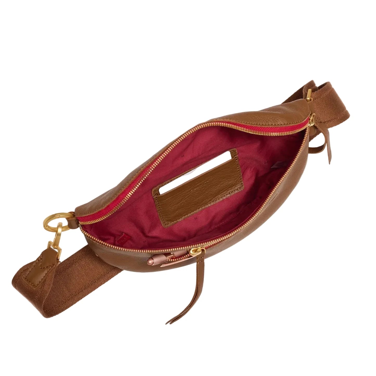 Brown leather bag with red interior on a white background