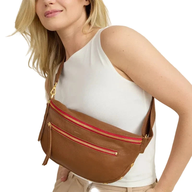 CHARLES MED CROSSBODY in Mahogany/Gold with Red Zipper