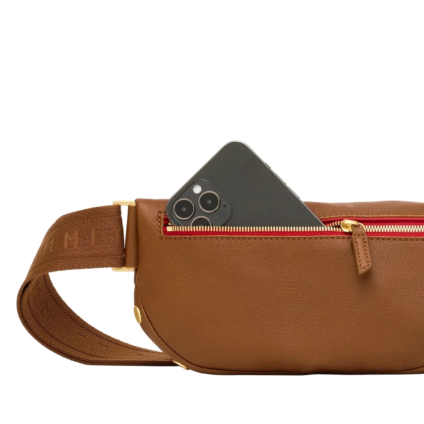 Brown leather waist bag with a phone inside on a white background