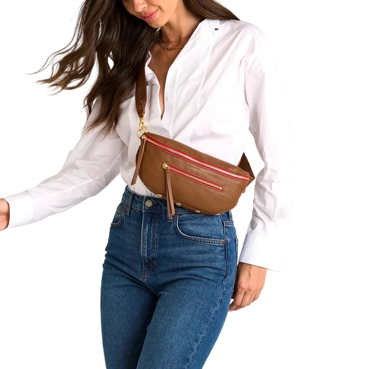 CHARLES MED CROSSBODY in Mahogany/Gold with Red Zipper