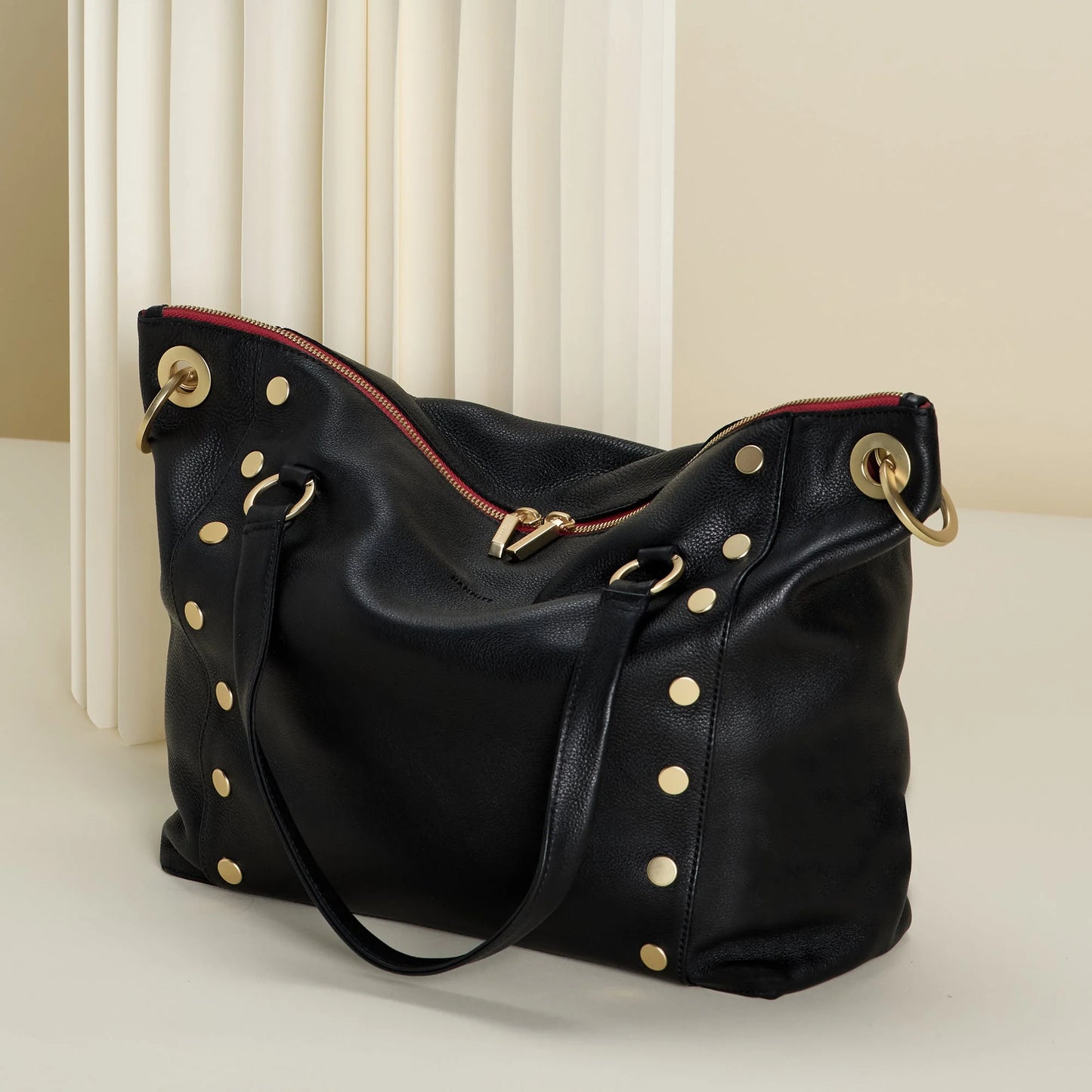 Daniel Lrg Handbag in Black/Brushed Gold with Red Zip