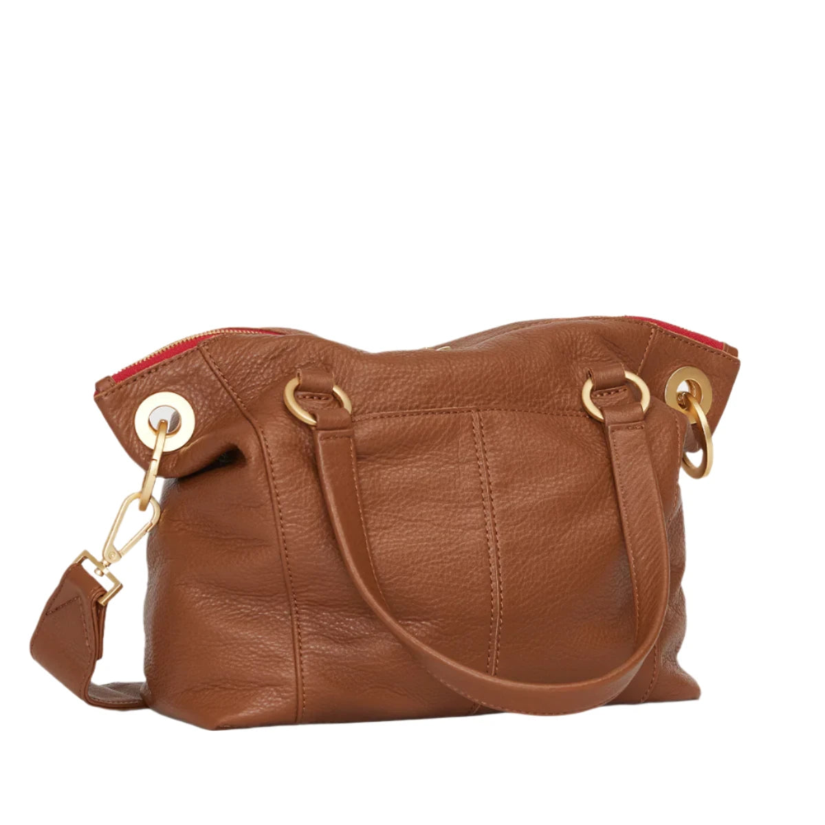 DANIEL MED Handbag in Mahogany Pebble/Gold with Red Zip