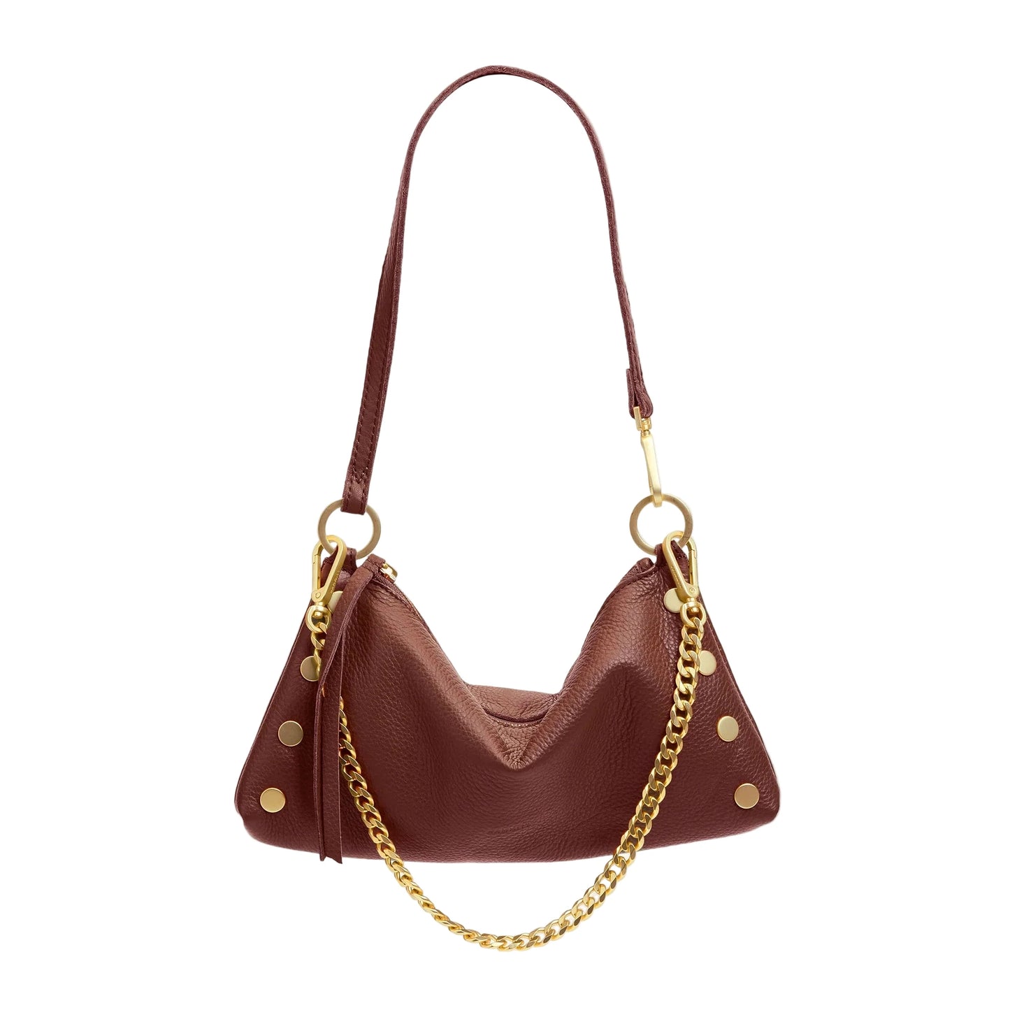 Brown handbag with gold chain and hardware on a white background