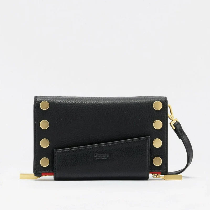 Levy Crossbody Purse in Black/Brushed Gold with a Red Zip