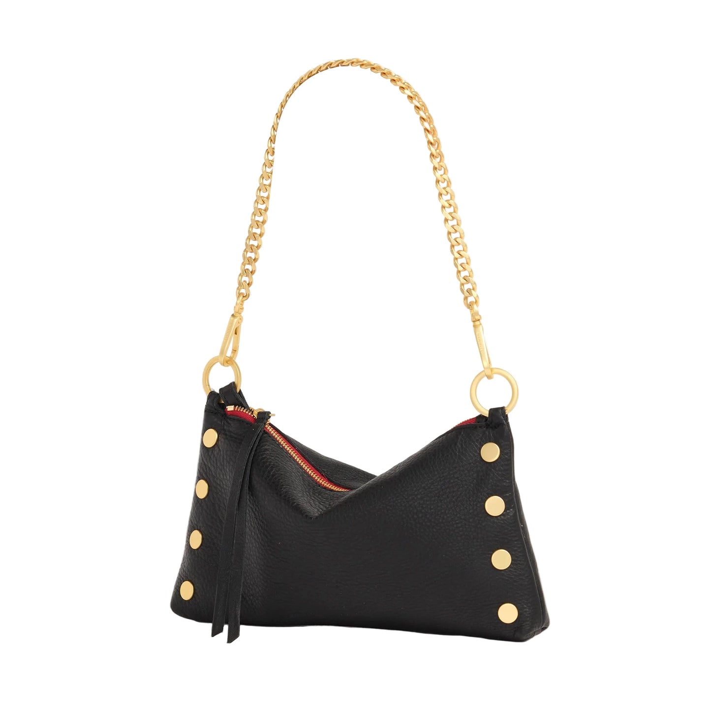 Black handbag with gold chain strap on a white background
