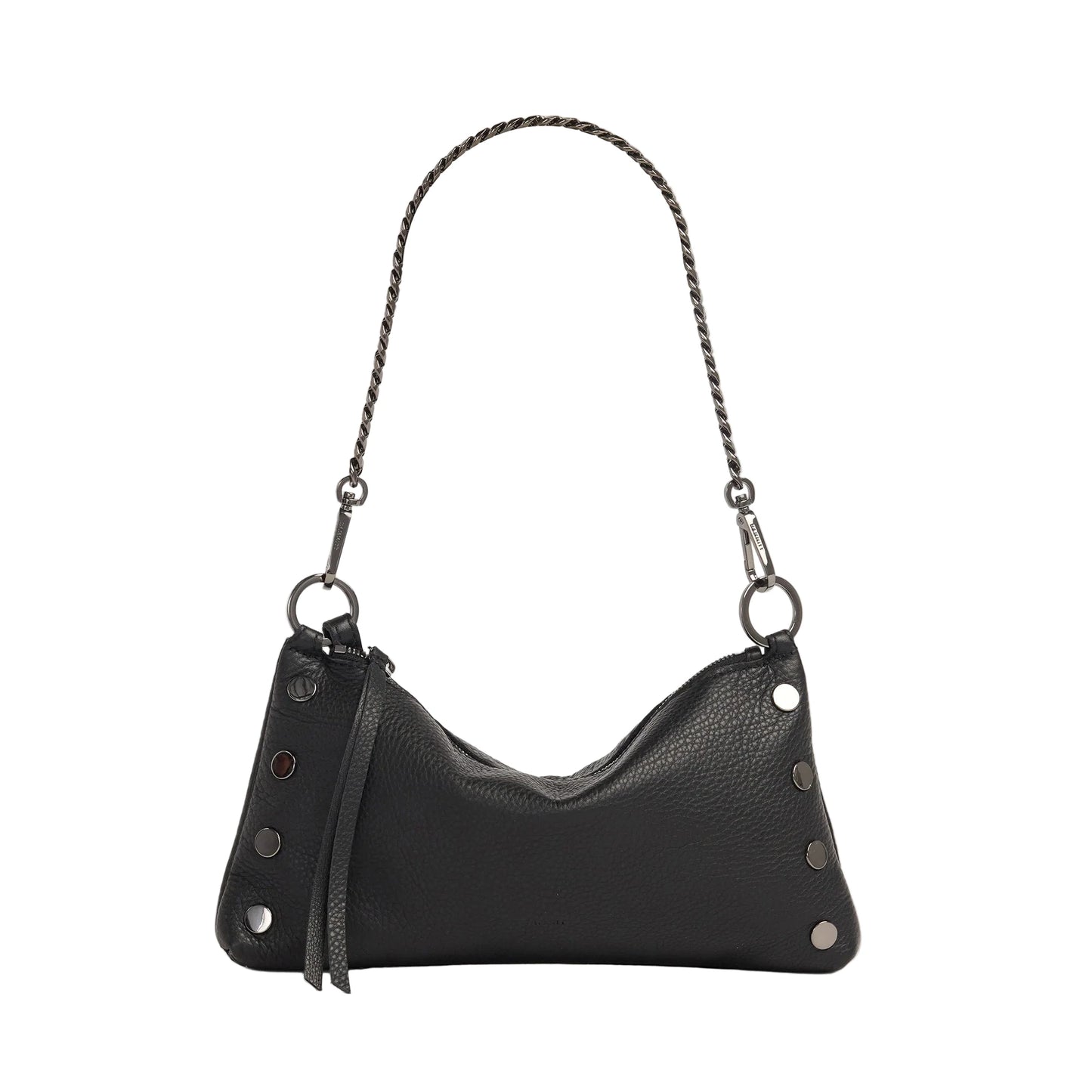 Black leather handbag with chain strap on a white background