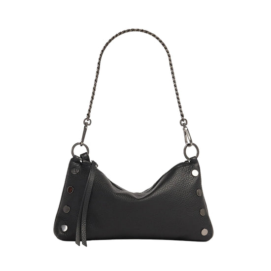 Black leather handbag with chain strap on a white background