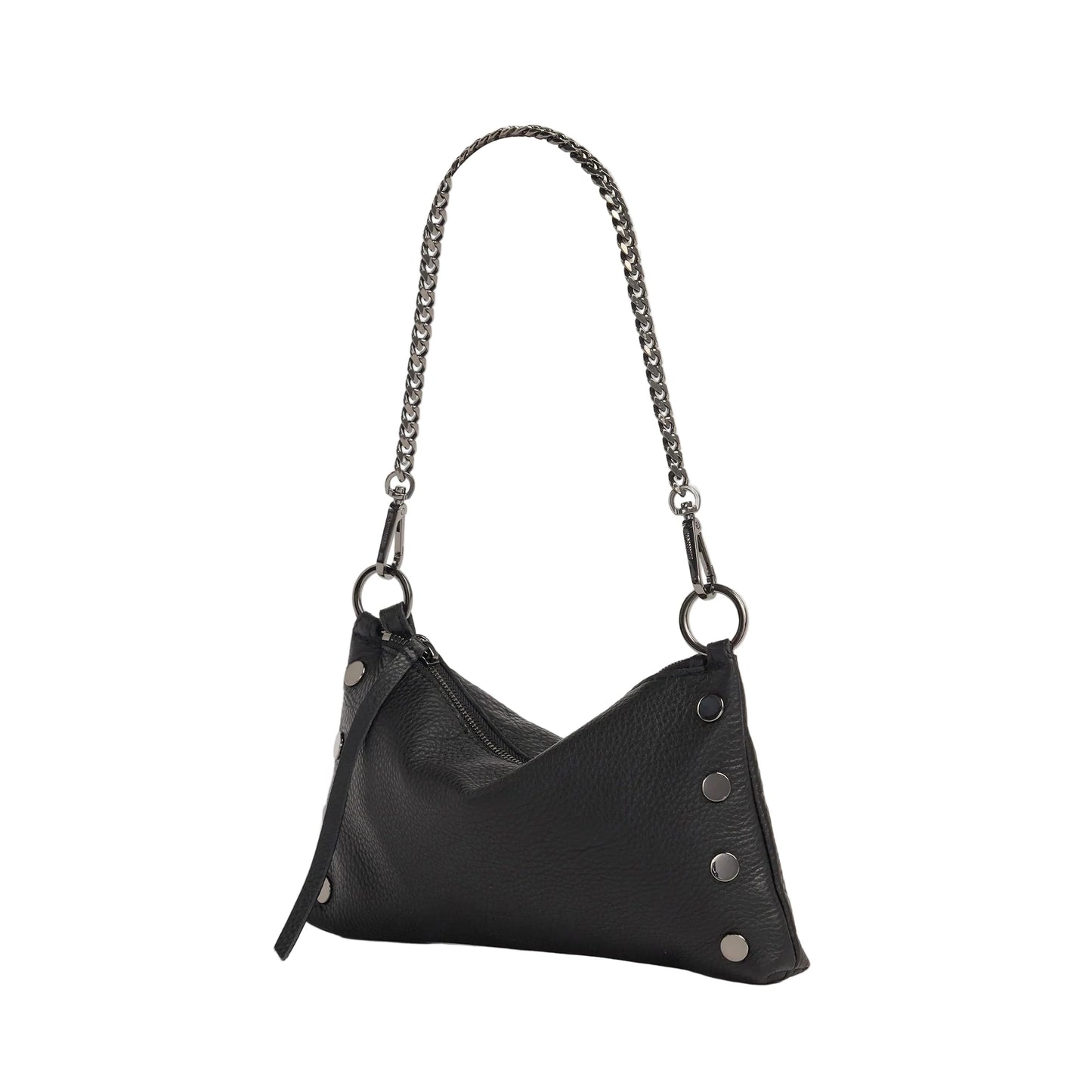Black leather handbag with chain strap on a white background