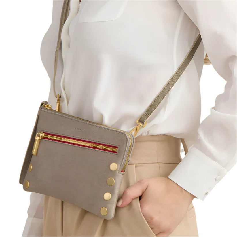 NASH SML Crossbody Clutch Wristlet in Pewter/Gold with Red Zip